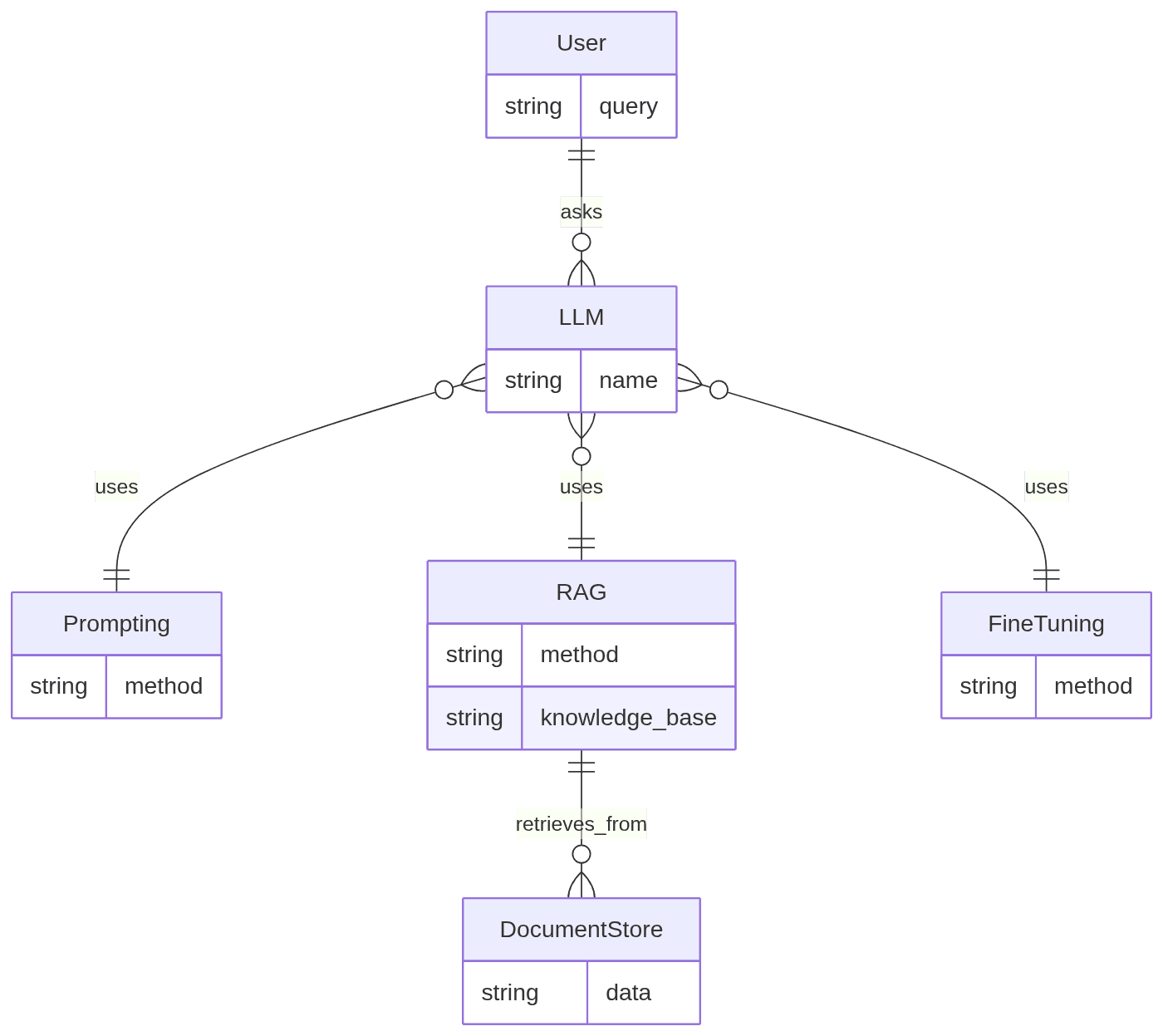 Diagram shows LLM interacting with Prompting, RAG, and FineTuning, with RAG accessing a DocumentStore.