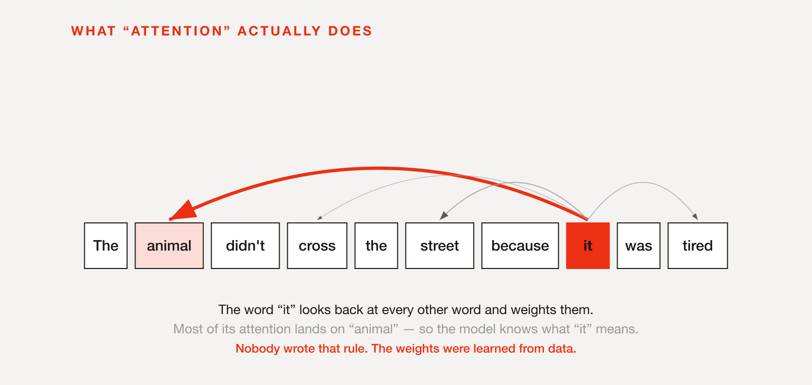 Diagram of the sentence "The animal didn't cross the street because it was tired" as a row of word boxes. The word "it" is highlighted, with a thick arrow pointing back to "animal" and thinner arrows to other words, showing that most of its attention lands on "animal".