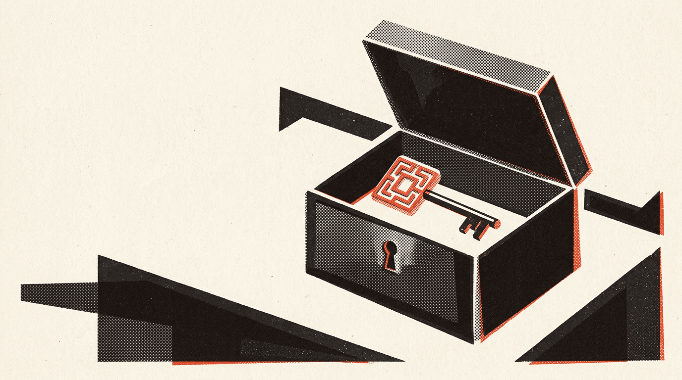 A key with a maze-shaped head lying inside an open lock box.