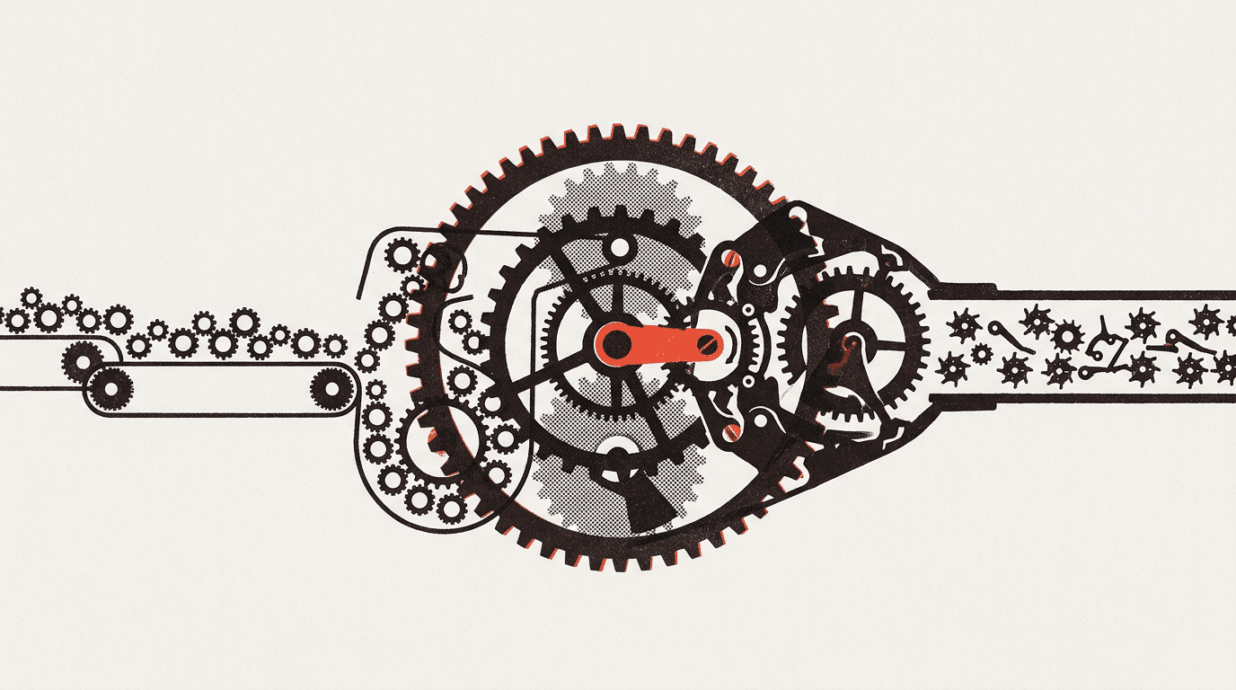 A stylized circuit board with a glowing red loop and a sturdy, structured harness.